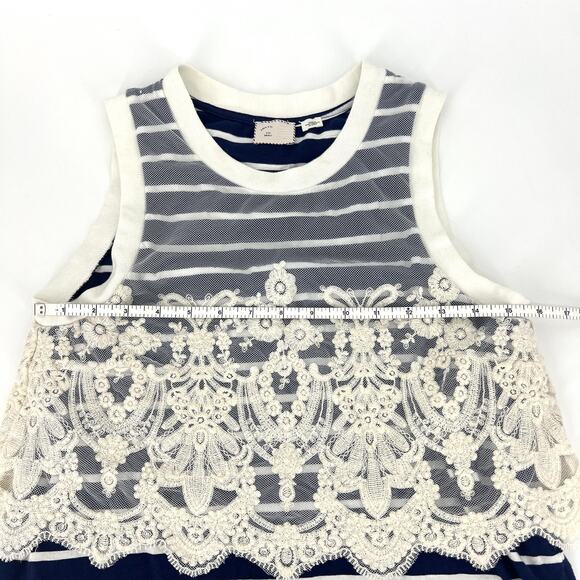 Anthropologie Postmark Natique Navy White Striped Lace Tank Top Size Small - Picture 4 of 9